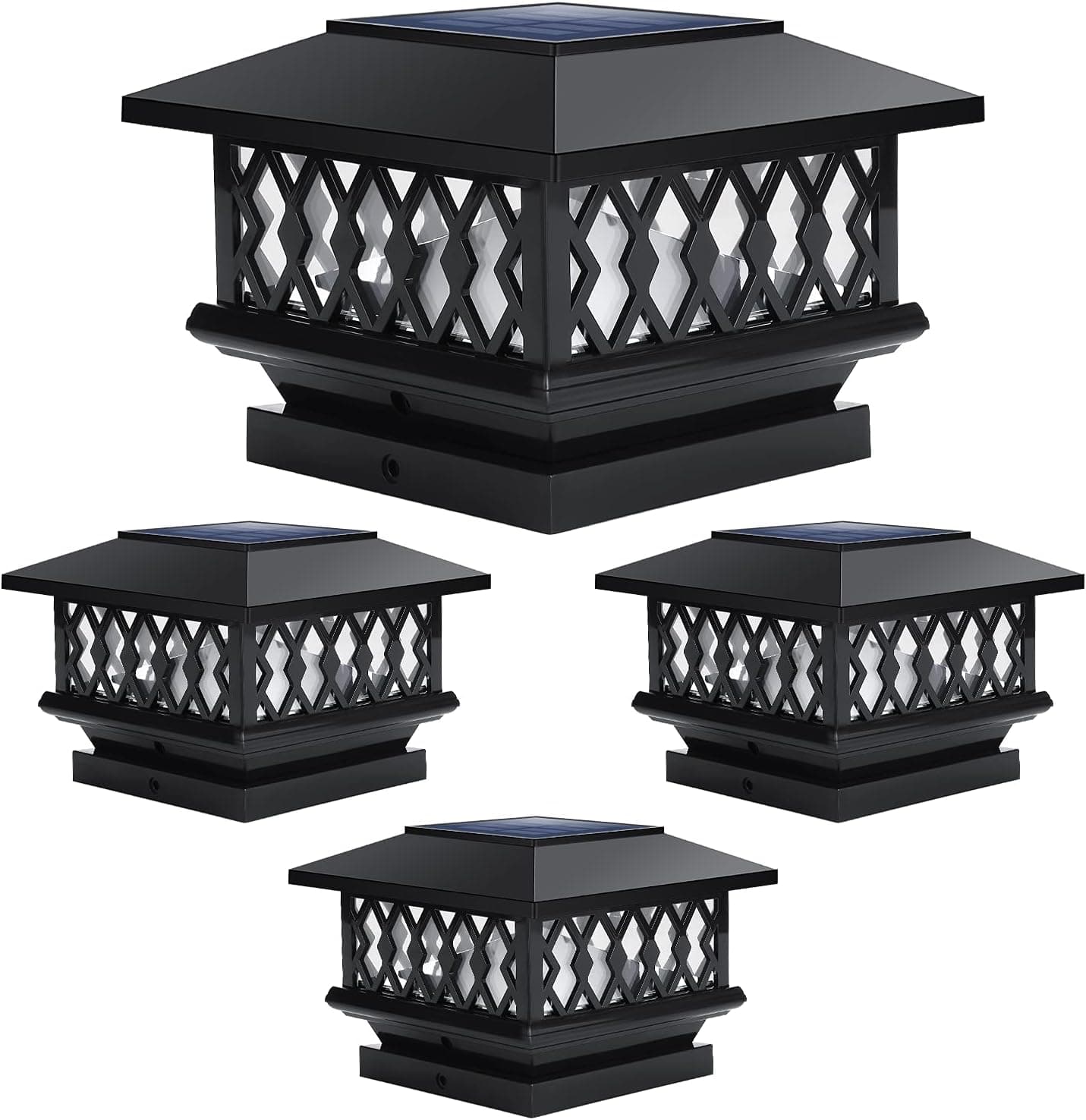GKOLED Solar Post Cap Lights, Outdoor 2 Modes Warm White/Cool White LED Deck Fence Cap Light for 3.5x3.5 4x4 Wood or Vinyl Posts, Patio Garden Decoration, Net Pattern Shade, Black, 4-Pack