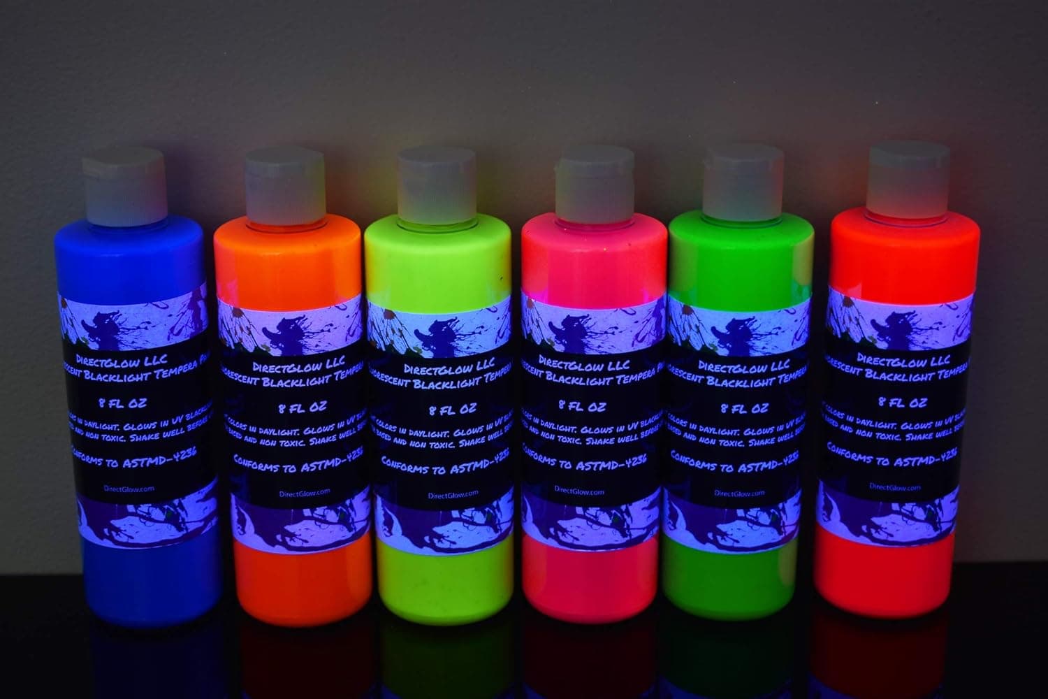 DirectGlow UV Blacklight Reactive Fluorescent Tempera Party Paint (6 Color Assortment, 8 Ounce Bottles)
