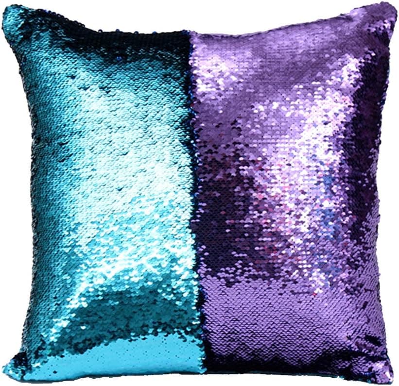 Ainik Mermaid Pillow Case Mermaid Pillow Cover Sequin Throw Pillow Case Decorative Color Change Cushion Cover Sofa Bedroom Car Kids 16 x 16 inches (Blue-Purple)