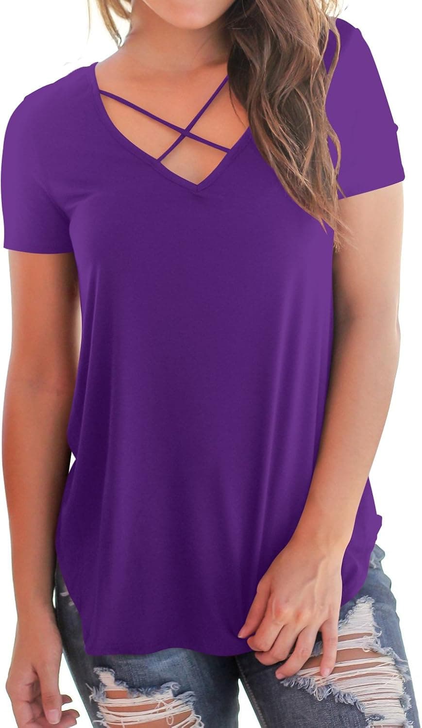 Niashot Women's Casual Short Sleeve Solid V-Neck T-Shirt Tops Purple S