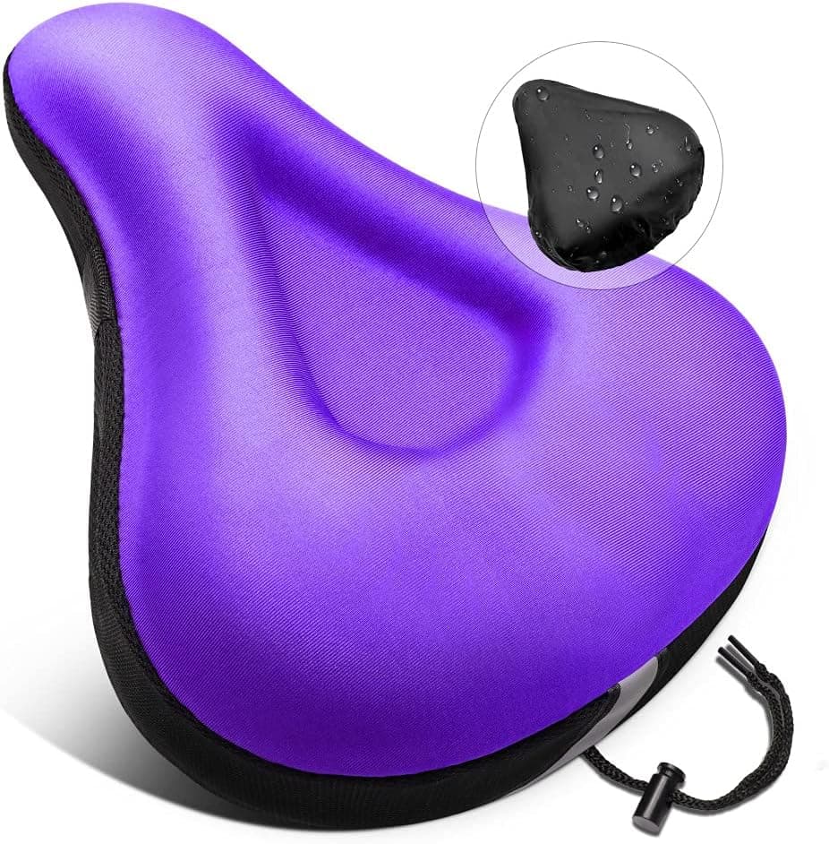 ANZOME Wide Bike Seat Cover, Extra Soft Gel& Foam Bike Seat Cushion for Women and Men Exercise Bike Saddle Cushion with Rain Cover, Fit Stationary, Spin, Cruiser Bikes, Indoor Cycling