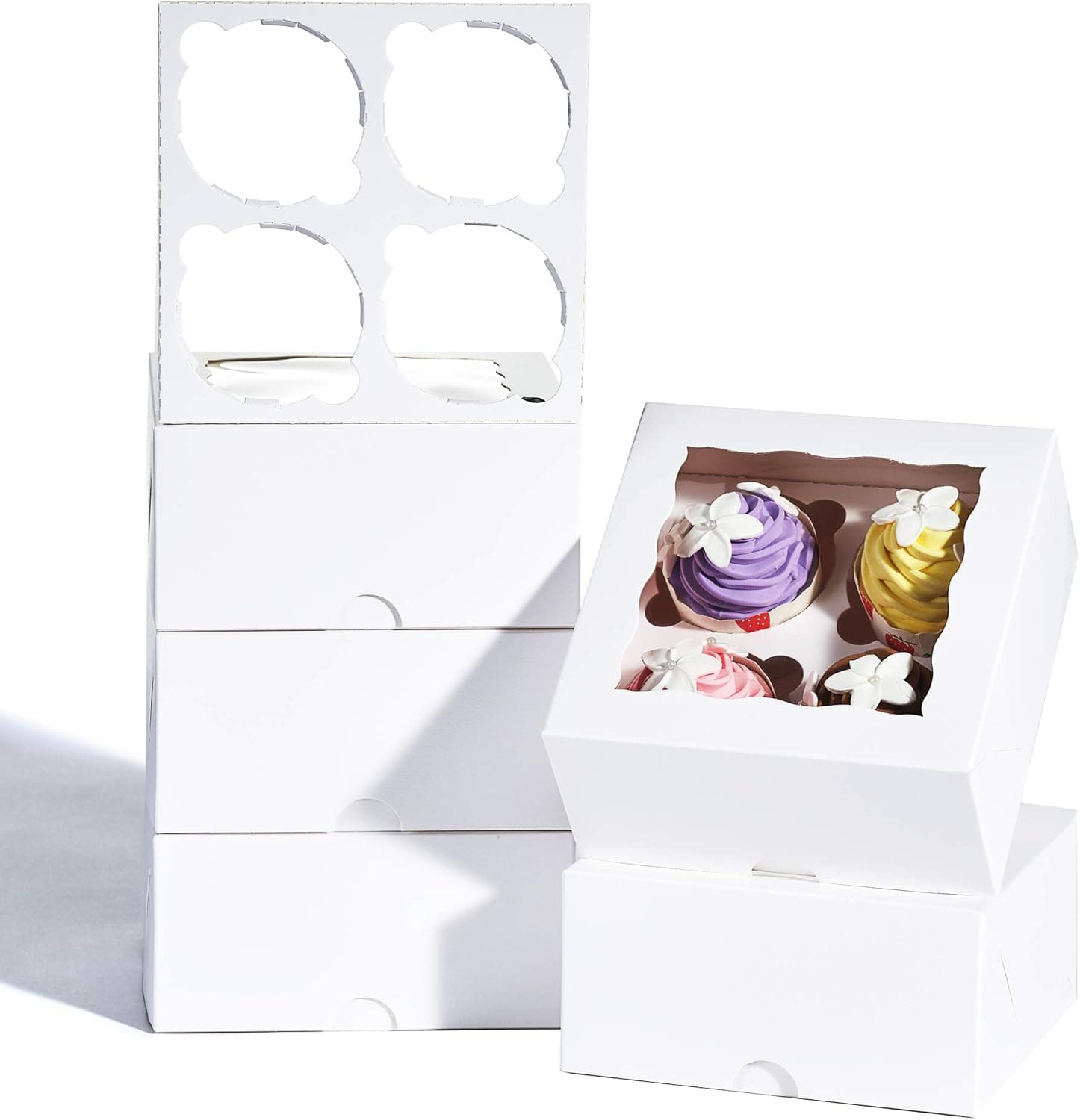 RomanticBaking 50Pack 4 Cupcake Boxes with Window and Insert, 6.2 x 6.2 x 3 Inch White Muffin boxes,Cupcake Carrier, Cupcake Holders, Bakery Boxes for Birthday Party