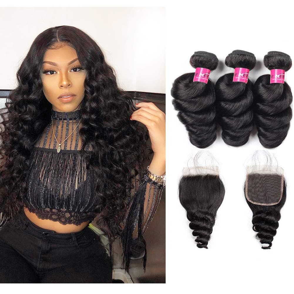 One More Loose Wave Human Hair Bundles with Lace Closure 10 12 14+10 Loose Deep Human Hair Weaves Bundles with Closure (Natural Black)