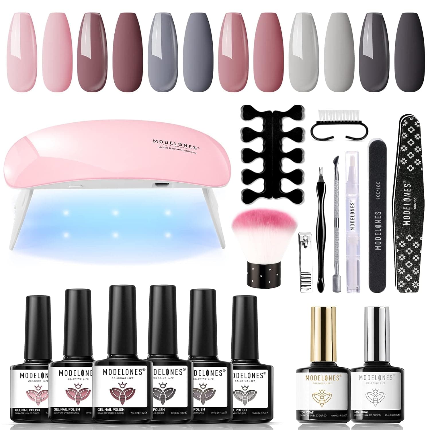 Modelones Gel Nail Polish Kit with U V Light 6 Colors Pink Gray Gel Nail Polish Set/Portable Mini Nail Dryer Lamp, Gel Base Top Coat, Gel Manicure Kit DIY Holiday Gifts Set for Nail Art Beginner
