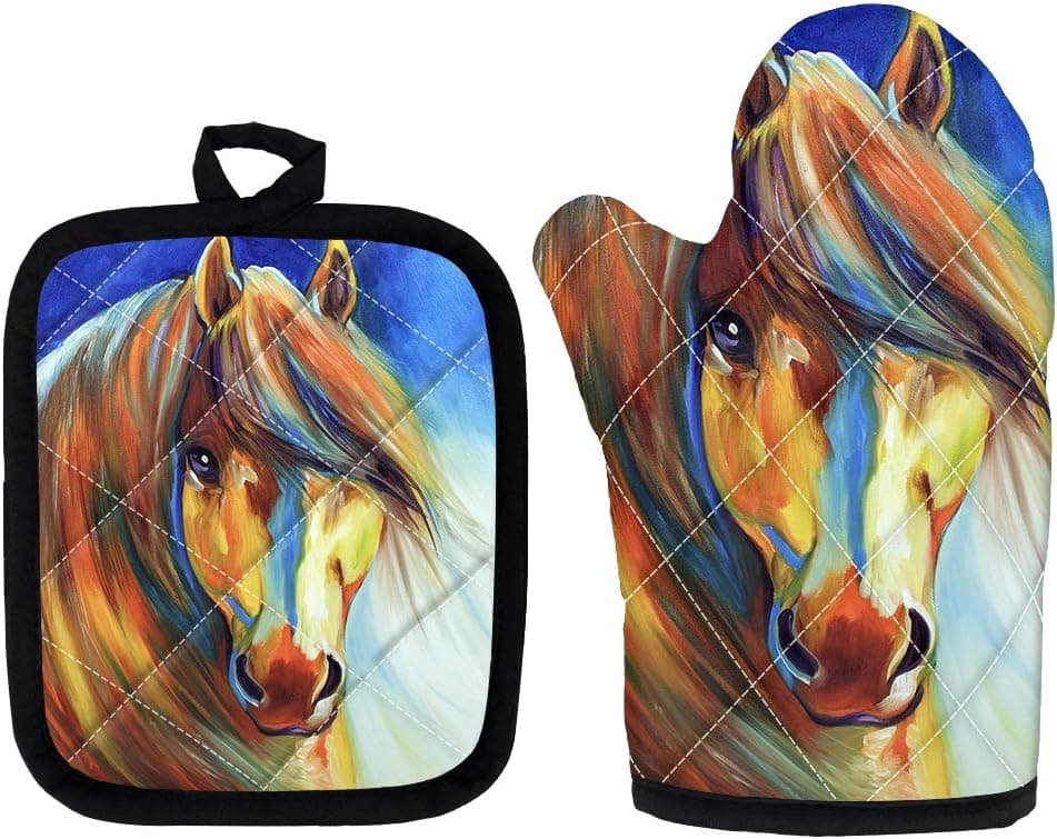 Multi-Color Horse Quilted Cotton Pot Holders and Heat Resistant Oven Mitts for Cooking or Baking