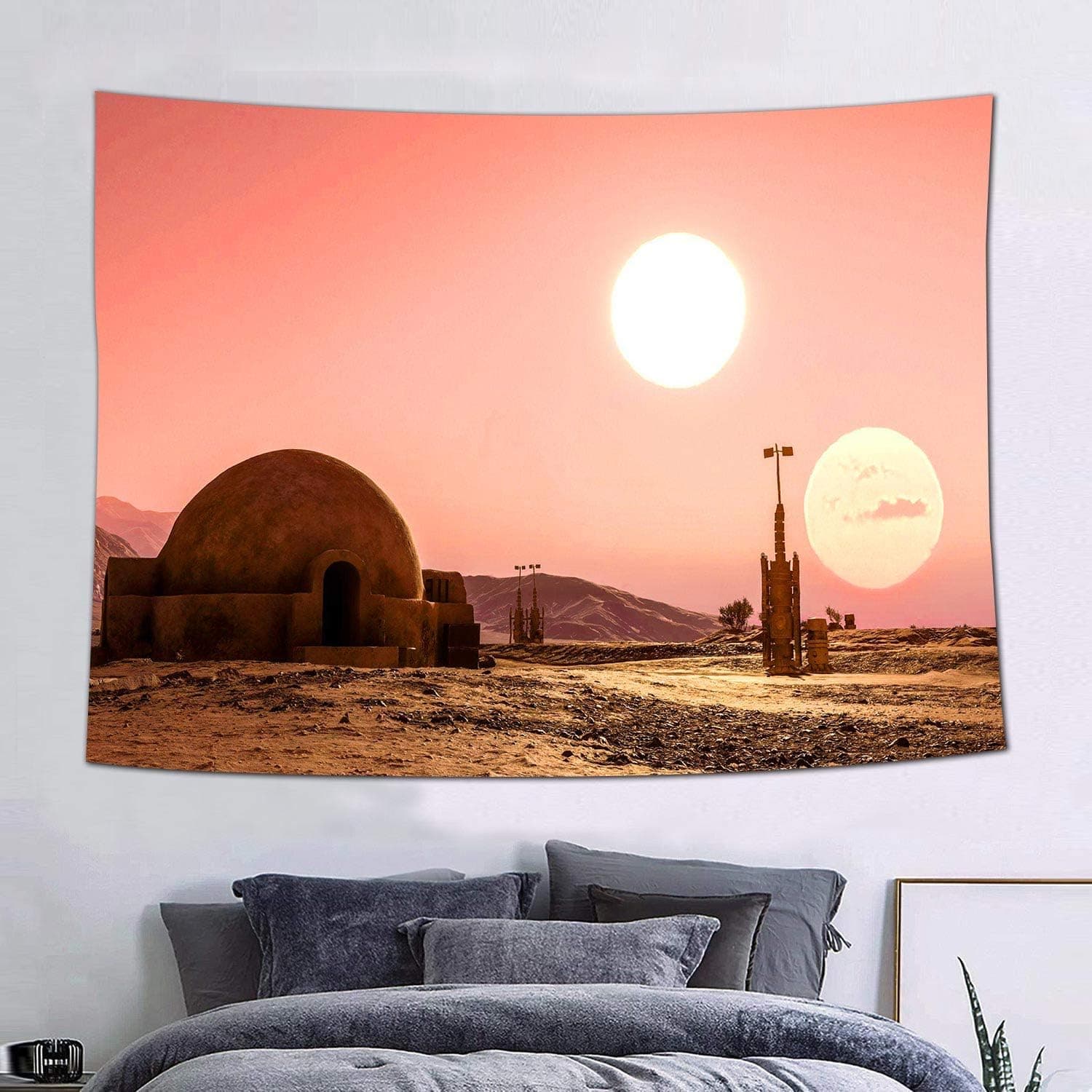 FEASRT Desert Planet Tapestry Interstellar Space Station Twin Suns Fantasy Landscape Wall Hanging Tapestries 60x40inch Small Size Decorative Blanket for Living Room Dorm Wall Backdrop GTLSAY540