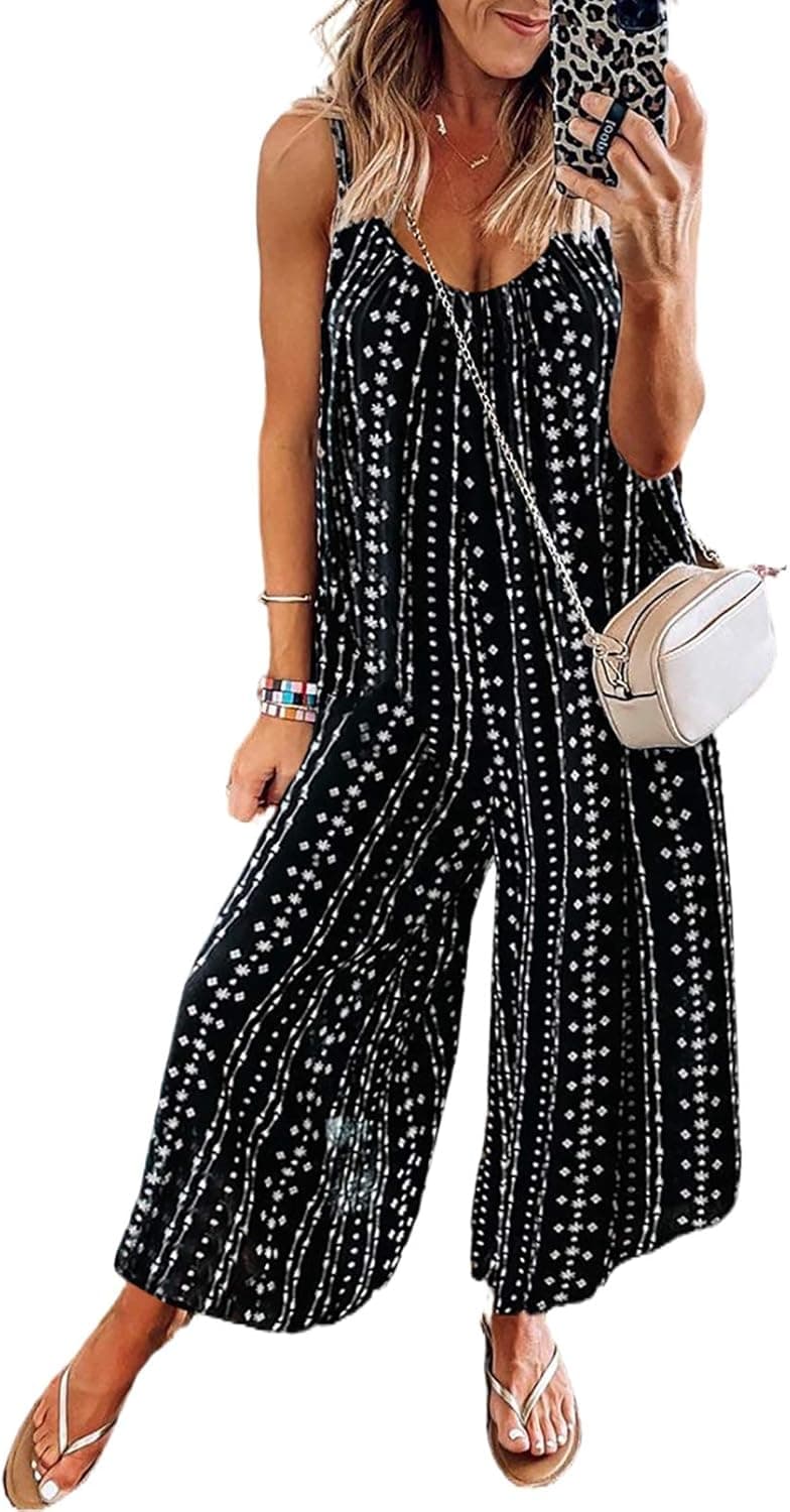 ASYOLY Women's Loose Black Jumpsuits for Women Adjustable Spaghetti Strap Stretchy Wide Leg Leopard One Piece Sleeveless Long Pant Romper Jumpsuit with Pockets Medium