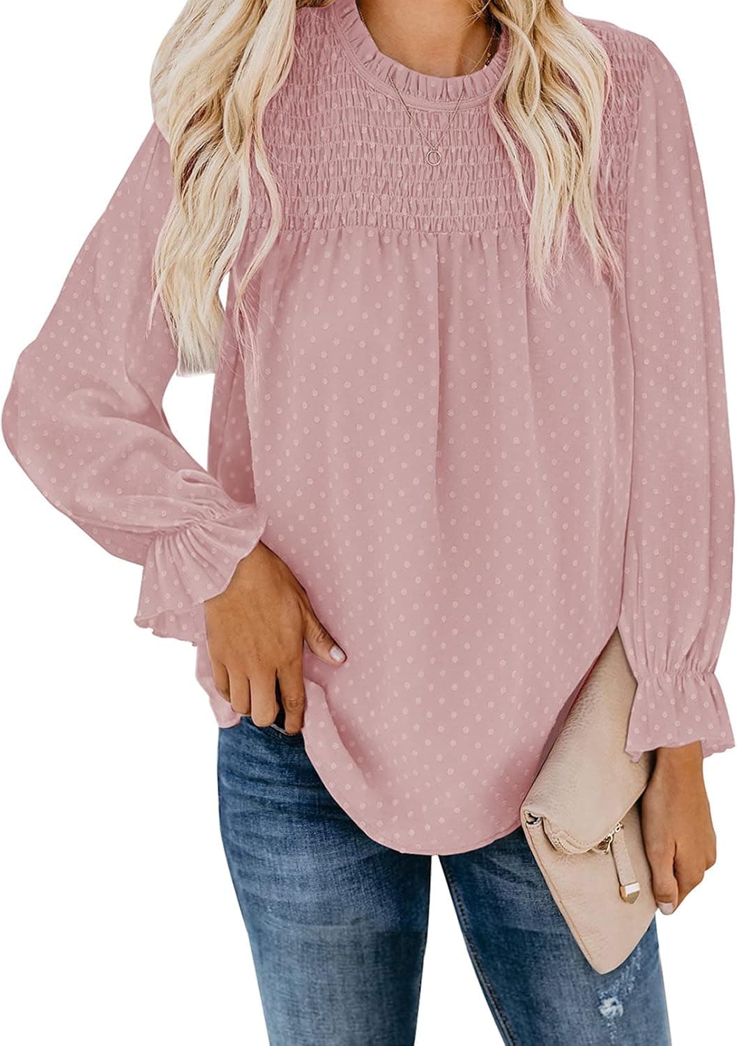 Sidefeel Womens Crewneck Swiss Dot Solid Color Blouse Tops Shirt