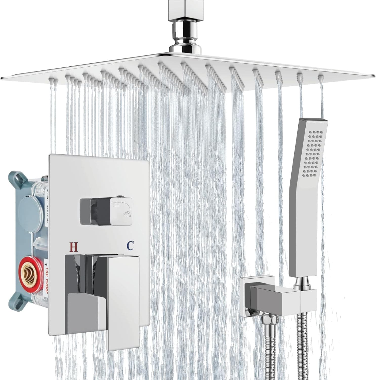 Aolemi Polish Chrome Shower System Ceiling Mount 10 Inch Rain Shower Head with Handheld Spray Luxury High Pressure Shower Combo Set Rough-in Valve and Shower Trim Included Bathroom