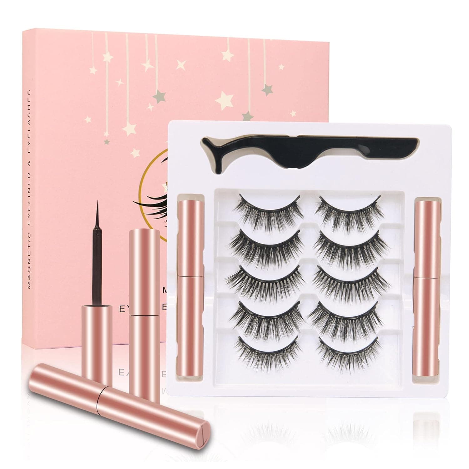 Magnetic Eyelashes with Eyeliner Kit, 5 Pairs Upgraded Long-lasting Magnetic Lashes with Applicator and Magnetic Eyeliners, Reusable 3D Magnetic Eye Lashes with Natural Look, No Glue Needed