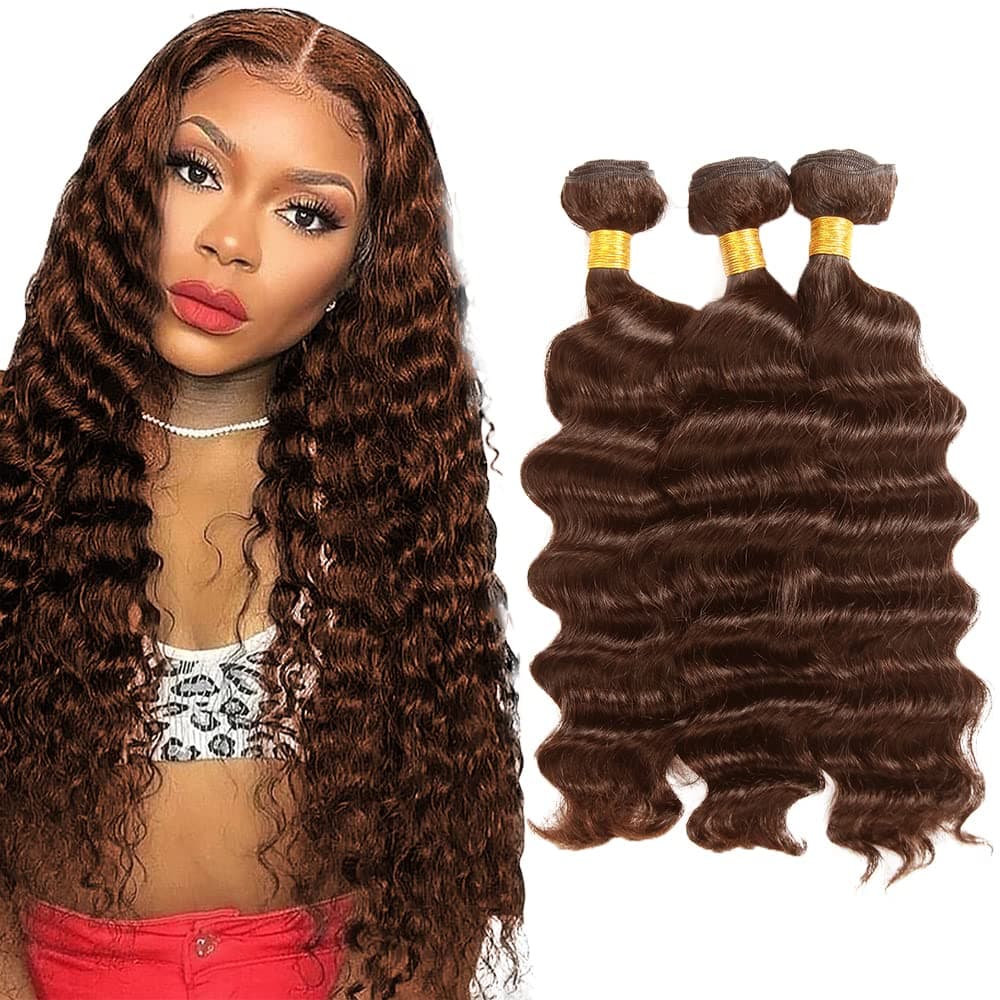 14 16 18 Inch Brown Bundles Human Hair Brazilian Deep Wave Human Hair Bundles 100% Unprocessed Virgin Remy Hair 3 Bundles Human Hair Weave Extensions
