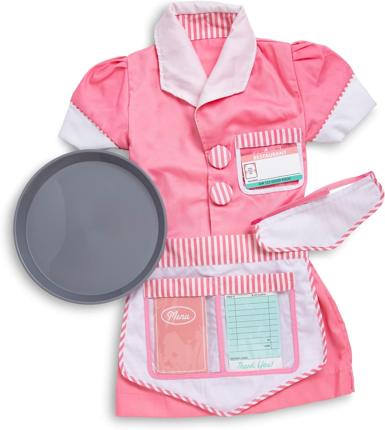 Melissa & Doug Waitress Role Play Costume Set (7 pcs) - Includes Apron, Order Pad, Cap Pink 3-6 years
