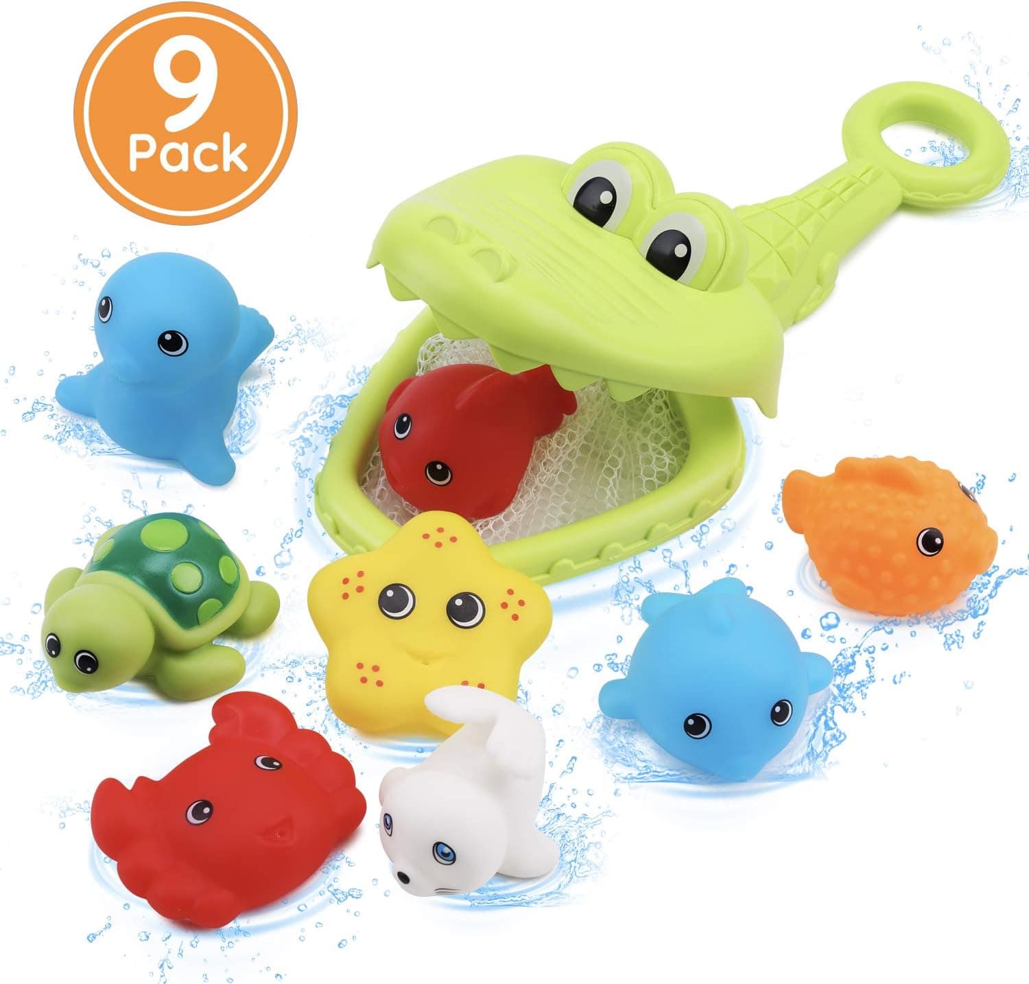 Minnebaby Bath Toy - 8 Floating Squirt Toys with Crocodile Net - Cute and Colorful Squeeze Animals for Fun Play and Learning - Safe, Non-Toxic Set for Babies, Toddlers and Kids