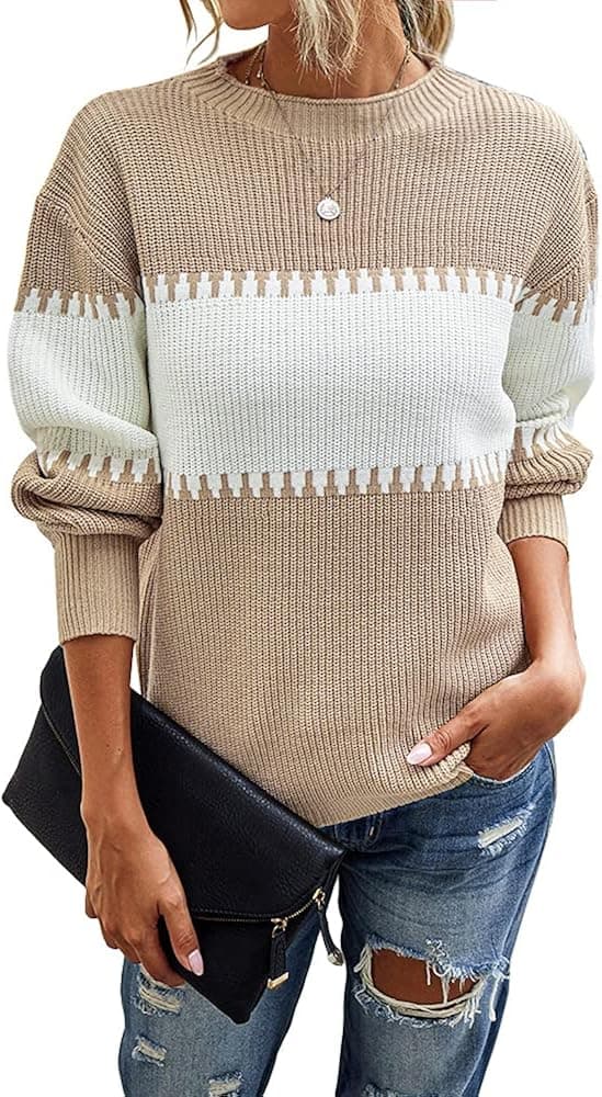 Womens Color Block Knit Sweater Long Sleeve Crewneck Loose Jumper Pullover Tops