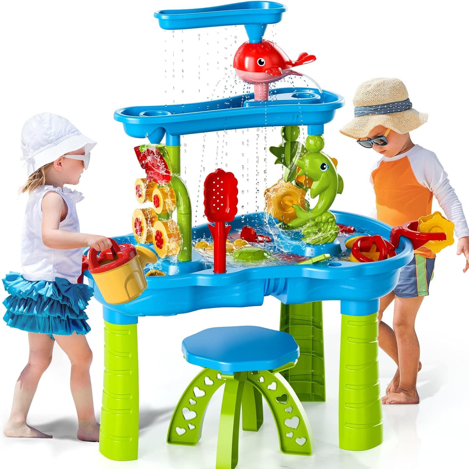 TEMI Kids Sand Water Table for Toddlers, 3-Tier Sand Table and Rain Showers Splash Pond Water Table Toys, Kids Beach Toys Activity Sensory Play Table Beach Summer Outside Toy for Toddler Boys Girls