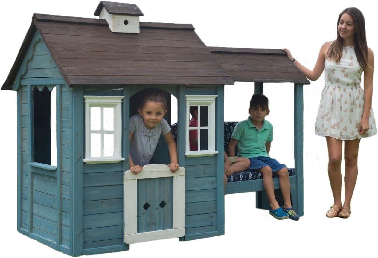 Sportspower Wooden Outdoor Playhouse with Bench, Blue, 83.6"L x 43"W x 62.5"H (WP-587)