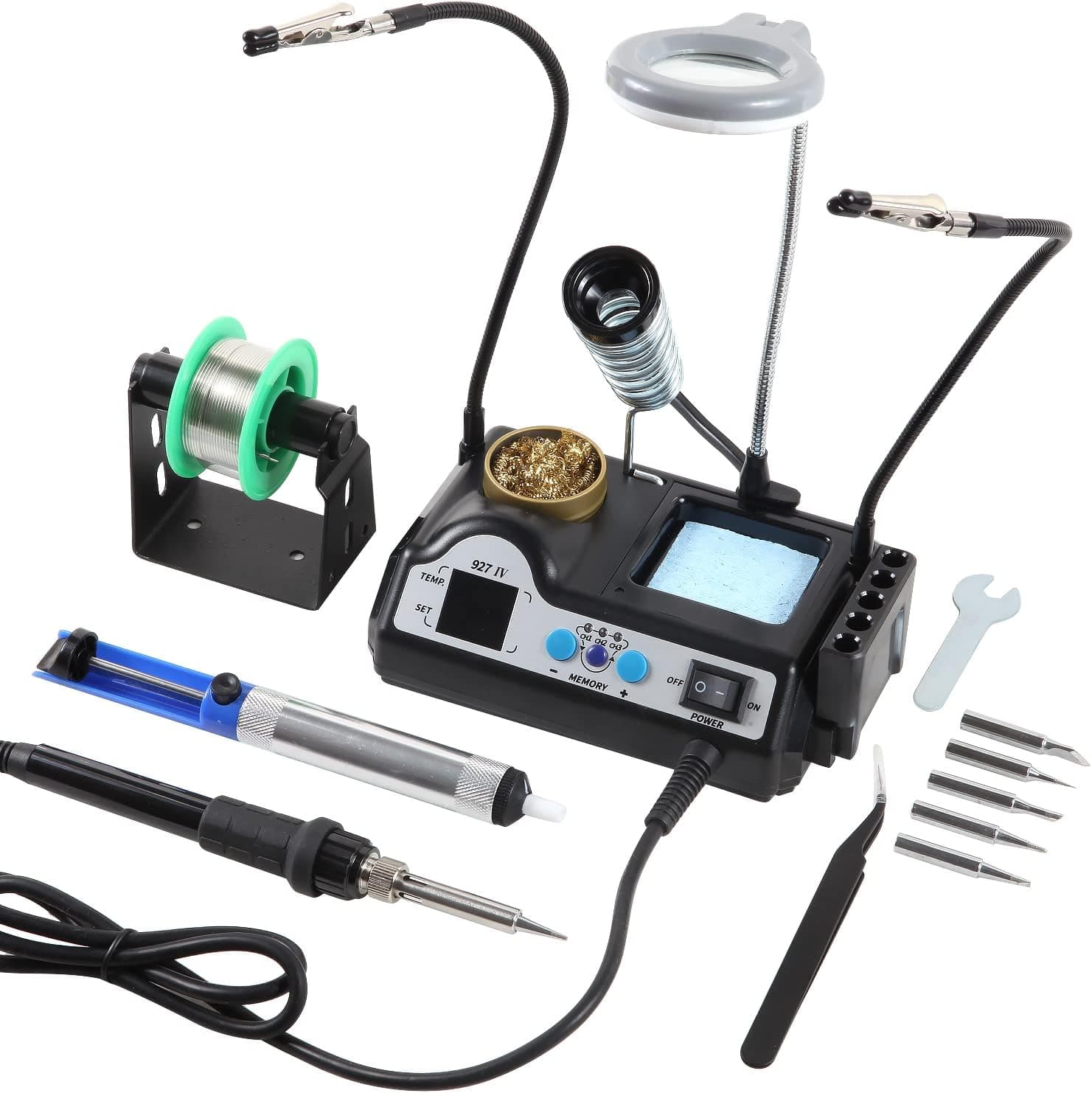 927-IV Soldering Iron Station Kit, Digital Soldering Station Adjustable Temperature 194°F~896°F with Helping Hands, Magnifying Glass, 5 Extra Iron Tips, Tip Storage Slots, Lead-Free Solder Wire
