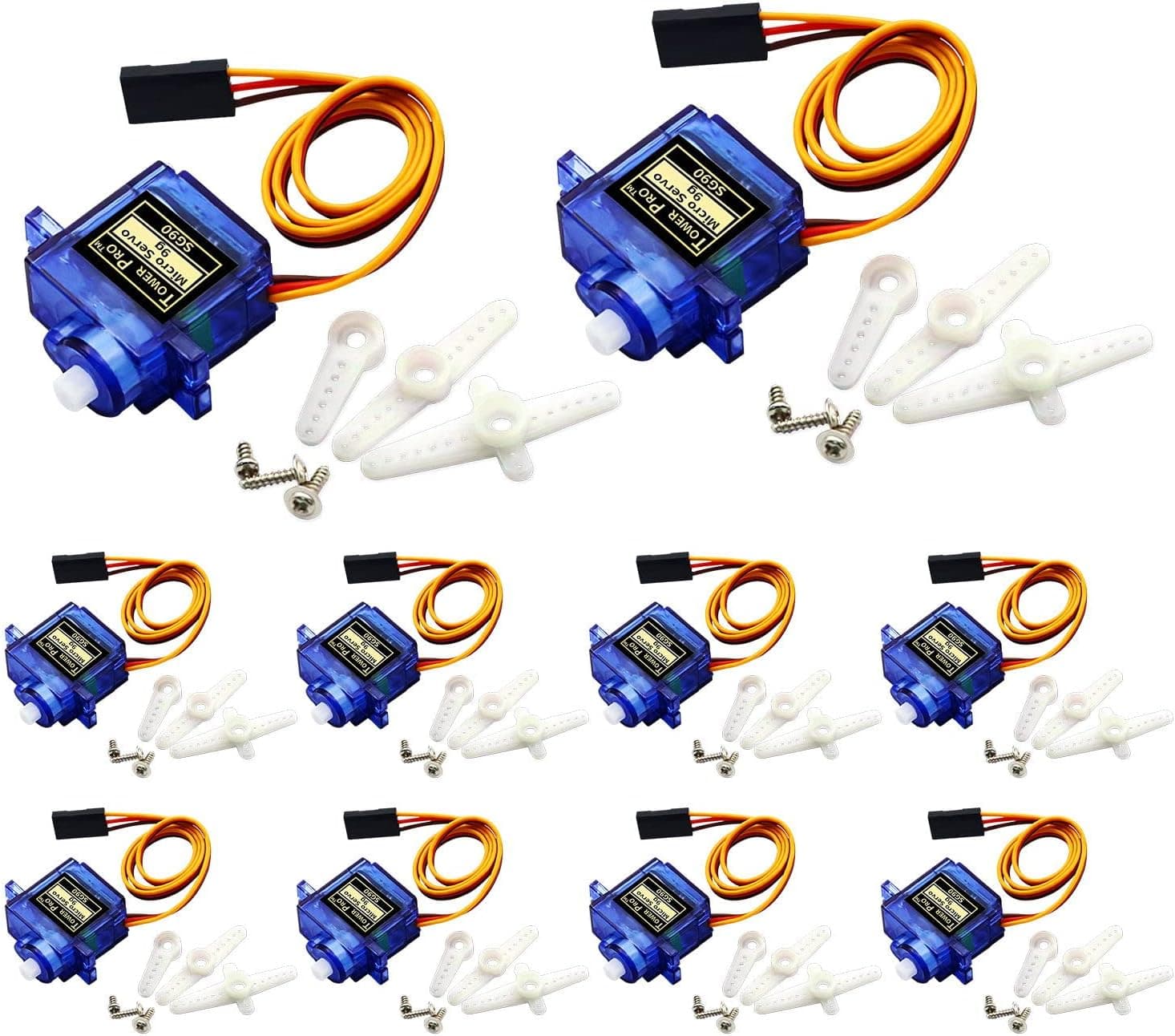 CenryKay 10PCS SG90 9G Micro Servo Metal Geared Motor Kit for RC Robot Arm/Hand/Helicopter Airplane Car Boat Control with Cable, Mini Servos for Arduino Project