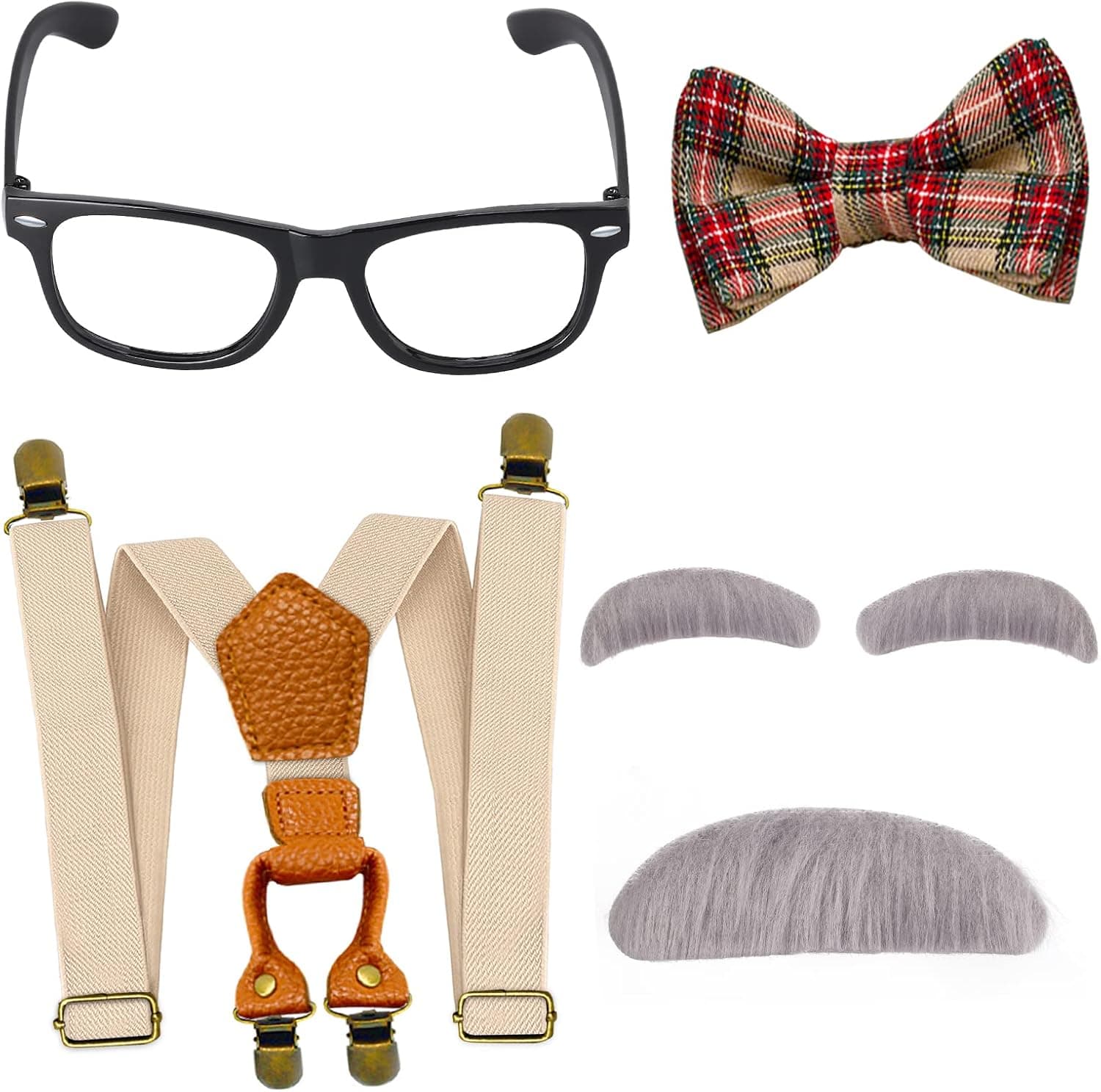 Yewong Kids Old Man Costume Set Grandpa Dress Up Accessories Including Glasses Suspenders Bow Tie Mustache and Eyebrows