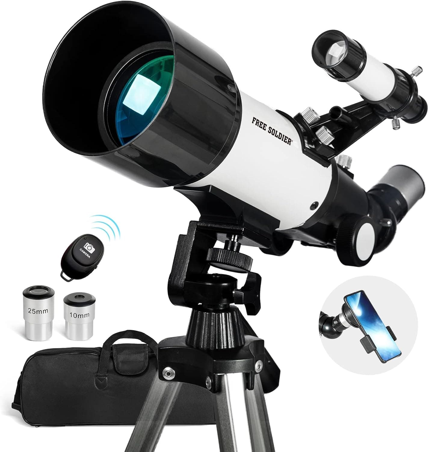 FREE SOLDIER Telescope for Kids and Adults - 70mm Aperture and 400mm Focal Length Professional Astronomy Telescope for Kids and Beginners with Smartphone Adapter Carry Bag Adjustable Tripod, White