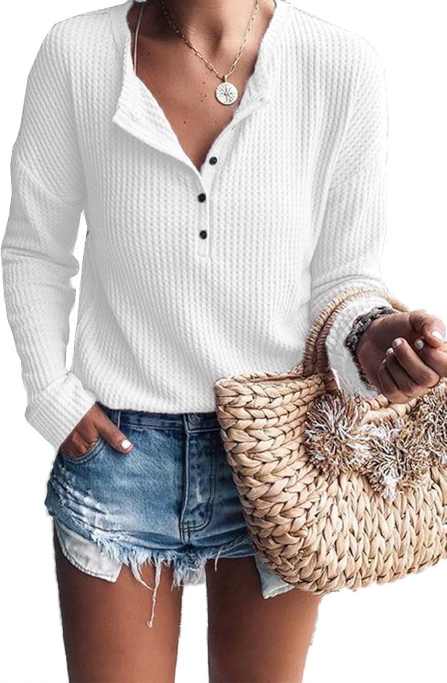 Famulily Long Sleeve Shirt Womens Loose Button Down Henley Style Fall Casual Waffle Knit Tops White L