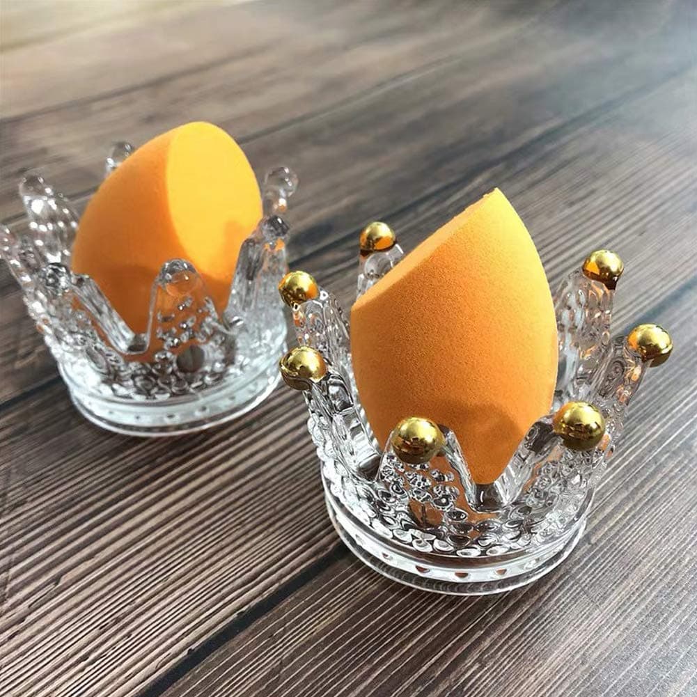Lemonadeus Beauty Blender Holder Makeup Sponge Holder Crown Glassware Stand Storage Powder Puff Display Stand（2 Pack） (1 gold and 1 clear)