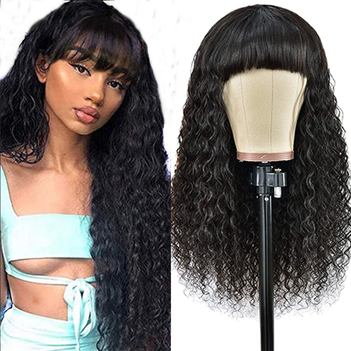 Vipvyong Short Water Wave Wig With Bangs Human Hair Wig With Bangs Glueless Wet And Wavy Human Hair Wig Machine Made Wig Natural Black 150% Density None Lace Front Wigs For Black Woman