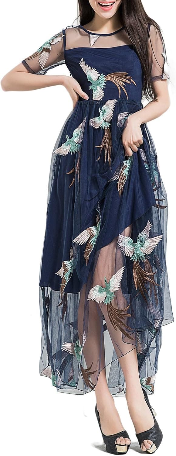 MissLook Women's Round Neck Bird Embroidered Fit-and-Flare Swing Holiday Maxi Dress