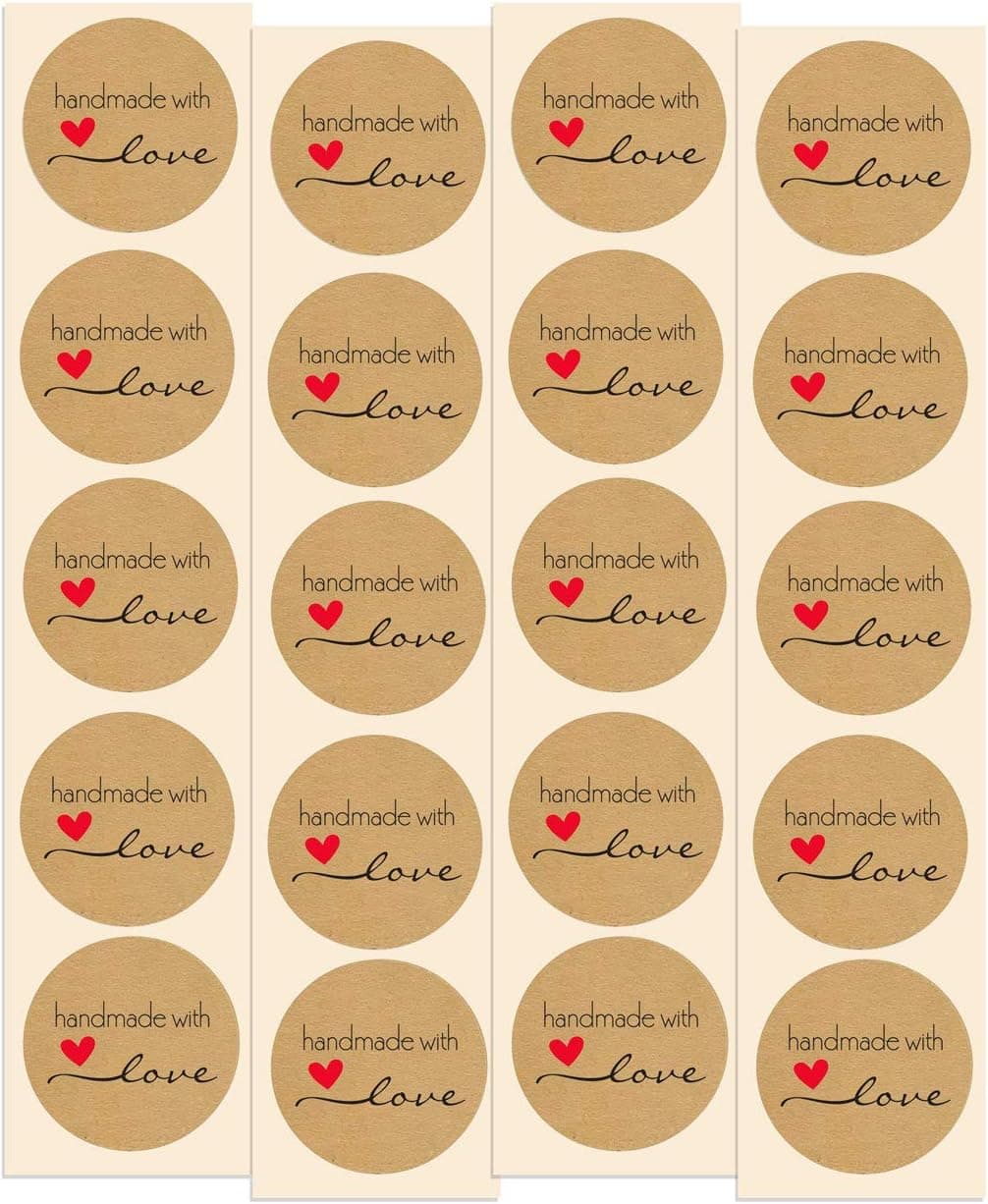 Handmade with Love Stickers | 100 Pack | 1.5" Inch Round Natural Kraft - Perfect for Baked Goods, Canned Goods, Jam, Jelly, Candles, Soap, Hand Made Products