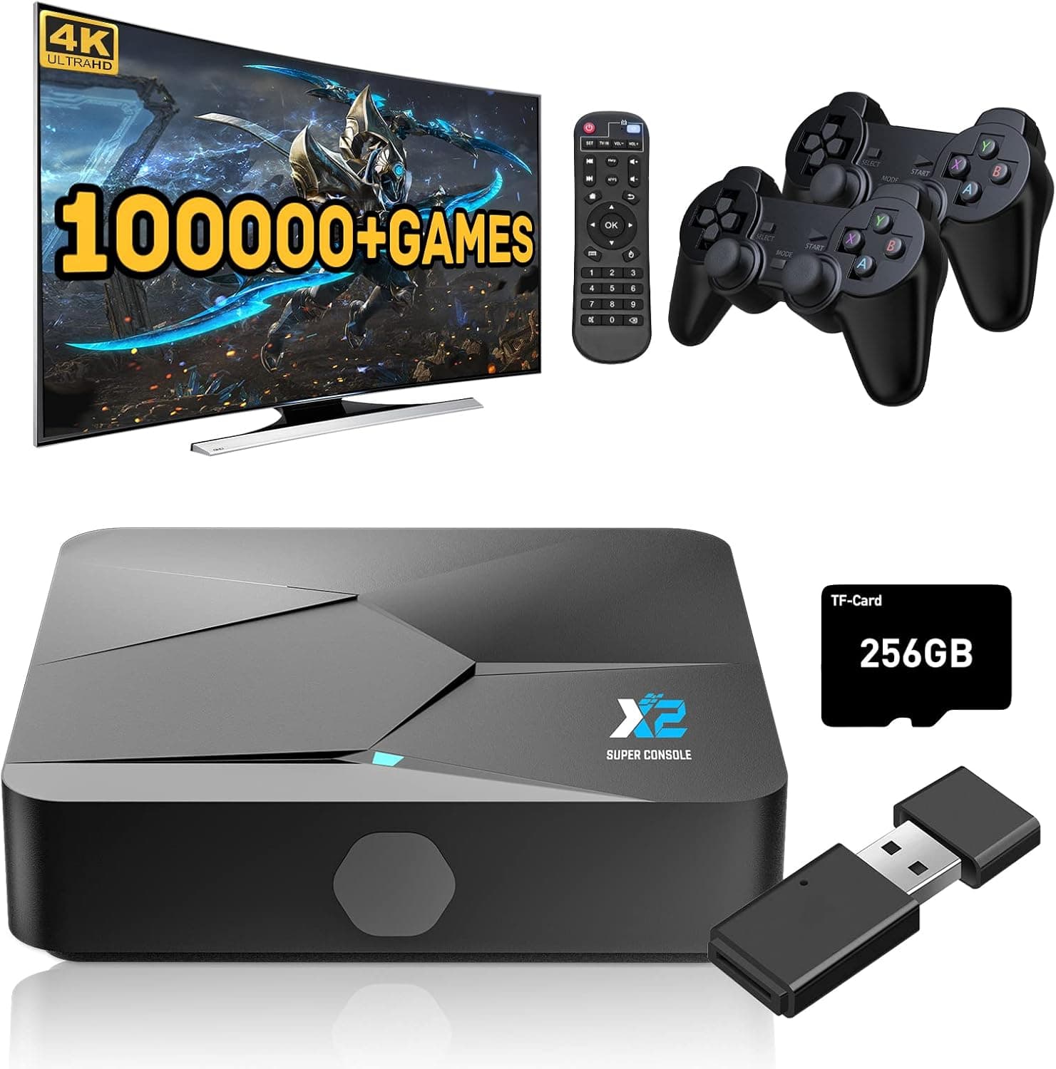 Kinhank Super Console X2 Video Game Console with 100000+Games,Retro Game Console EmuELEC 4.5/Android 9.0 in 1,Dual WiFi BT 5.0, 1 Receiver Connnect 2 Gamepad