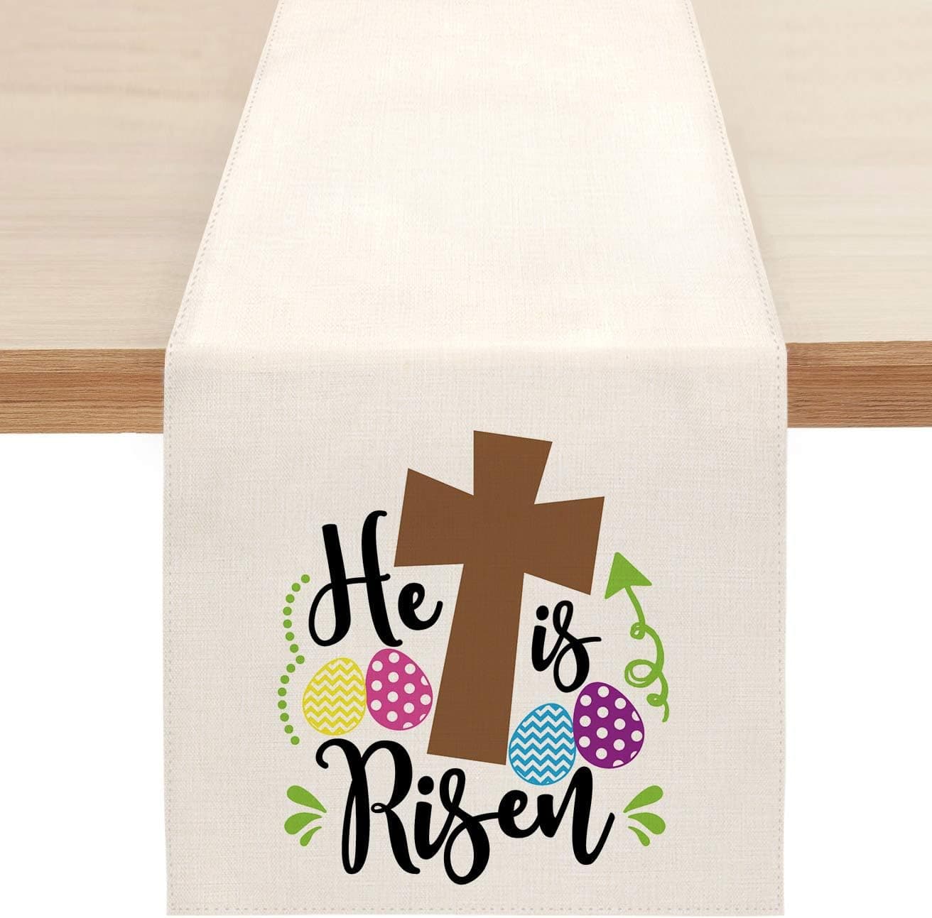 Sambosk Easter He is Risen Table Runner, Colorful Eggs Spring Table Runners for Kitchen Dining Coffee or Indoor and Outdoor Home Parties Decor 13 x 72 Inches