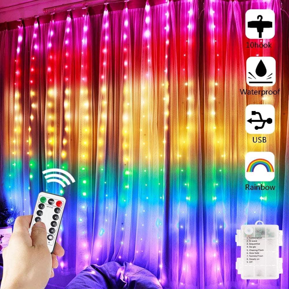 Greenke Curtain String Lights, Rainbow Fairy Lights with Remote 8 Modes LED Twinkle Lights for Christmas, Party, Wedding, Bedroom Wall Decoration (7-Color) Upgraded with Battery Case&USB