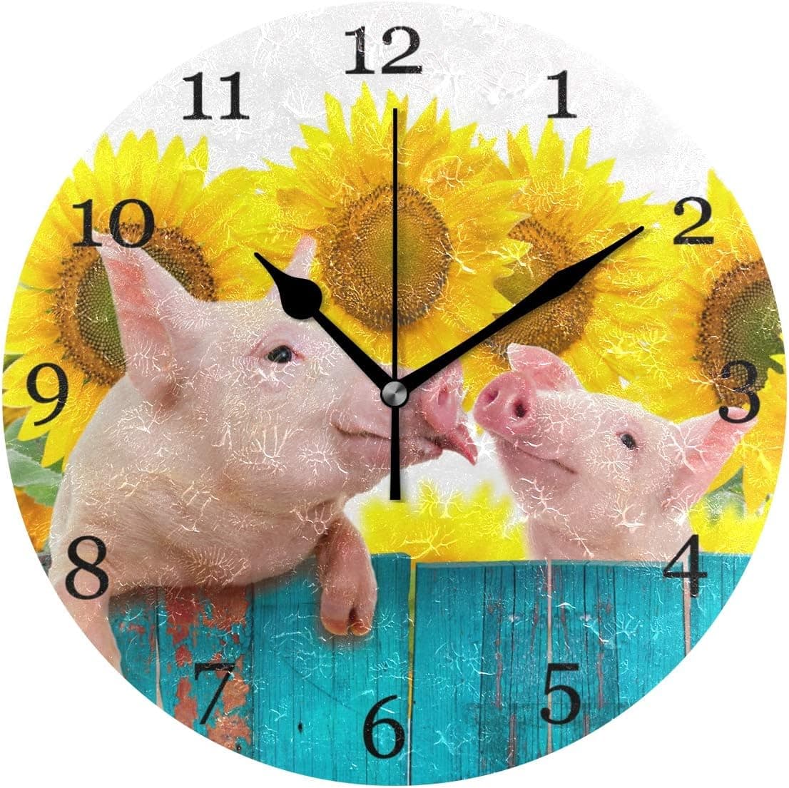 Funny Animal Pig Sunflower Wall Clock Silent Non-Ticking 9.5 Inch Round Clock Acrylic Art Painting Home Office School Decor