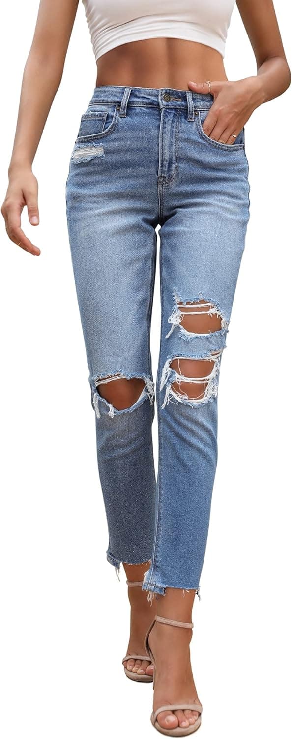 OFLUCK Women Stretch Ripped High Waisted Jeans Frayed Raw Hem Distressed Denim Pants with Hole