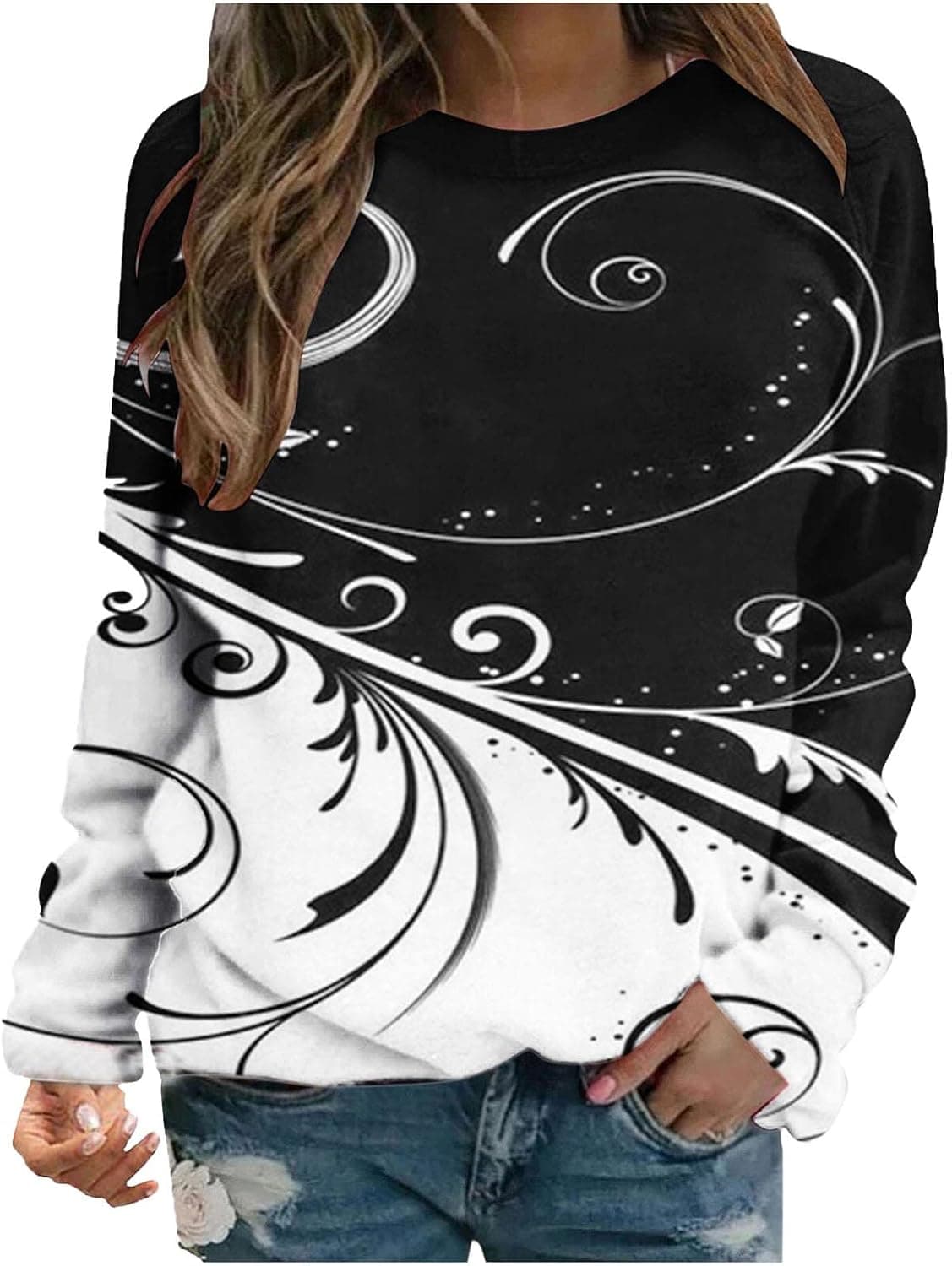TUNUSKAT Long Sleeve Shirts For Women Trendy Aesthetic Print Crewneck Sweatshirt No Hood Casual Lightweight Pullover Tops