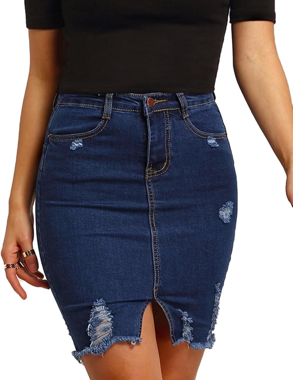 MAKEMECHIC Women's Basic Casual Ripped Pocket Short Mini Denim Skirt Blue L