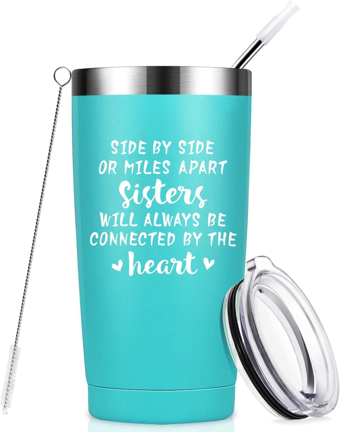 Side by Side or Miles Apart Sisters, Best Sister Gifts from Sister, Funny Birthday Gifts Ideas for Women, Big Little Sister, Best Friend, Soul Sister, Bestie - 20 oz Mug Tumbler Cup with Straw - Mint
