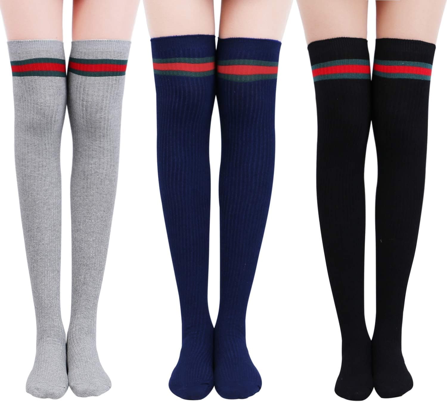 Chalier 3-4 Pairs Womens Thigh High Socks Cotton Striped Long Over the Knee High Socks for Women(3 pairs-04)