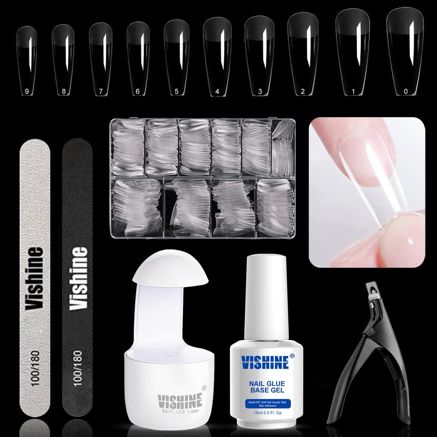 Vishine Nail Tips and Glue Gel Kit, 500Pcs Coffin Soft Gel Nail Tips, Portable UV LED Nail Lamp and 15ML 4 In 1 Nail Glue Gel, Acrylic Nail Kit Nail Extension Set Easy DIY Nail Art Tools All-In-One Kit