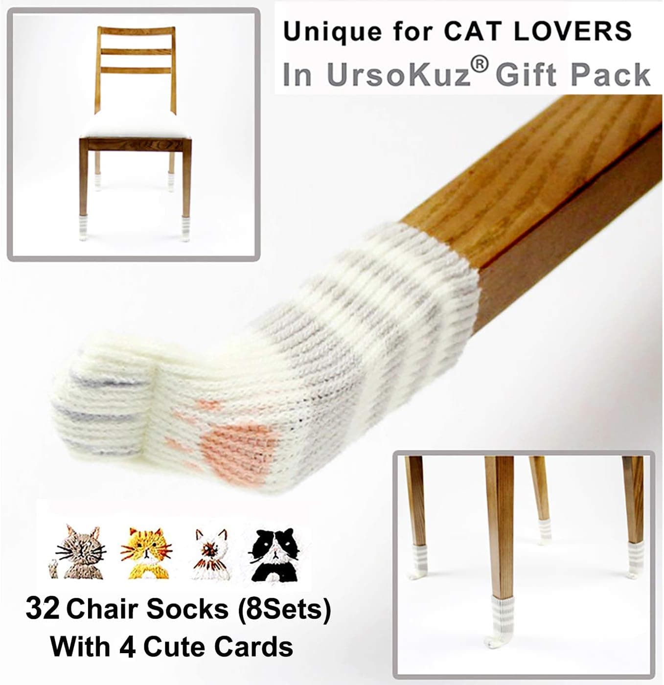 32PCS (8 Sets) Chair Socks Fancy Table Leg Barstool Pads, UrsoKuz Cute Cat Paws Knitted Chair Covers, Reliable Furniture Floor Protector Noise Reducer, Fit Most Furniture Leg Shapes, Color Grey