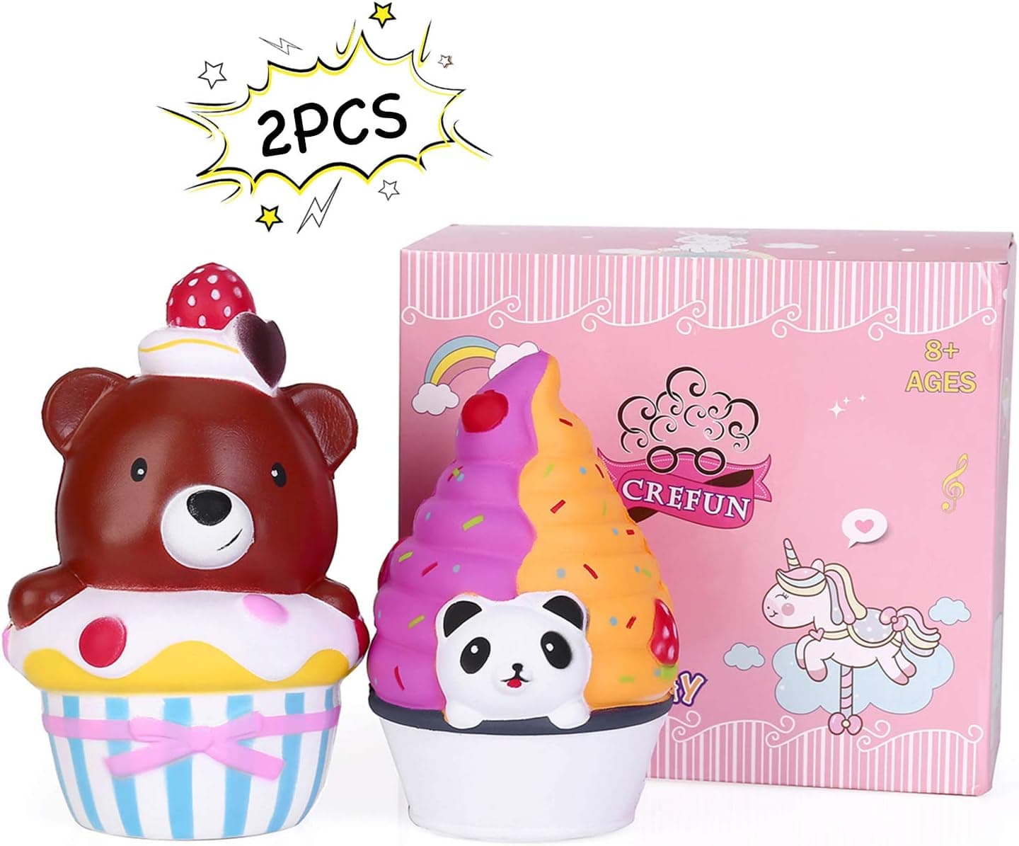 CREFUN Bear Cake Squishy Panda Ice Cream Pack NM9212 Slow Rising Cute Squishy Animals Squishies Food Gifts for Kid Stress Relief Toys Including 2Pcs 6.7 Inch Jumbo Squishies Super Soft