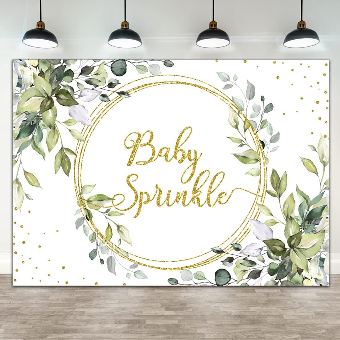 Lofaris Baby Sprinkle Green Leaves Backdrop for Boy Girl Greenery Gender Neutral Decoration Banner Gold Greenery Eucalyptus Cake Table Banner Photo Booth Props 7x5ft