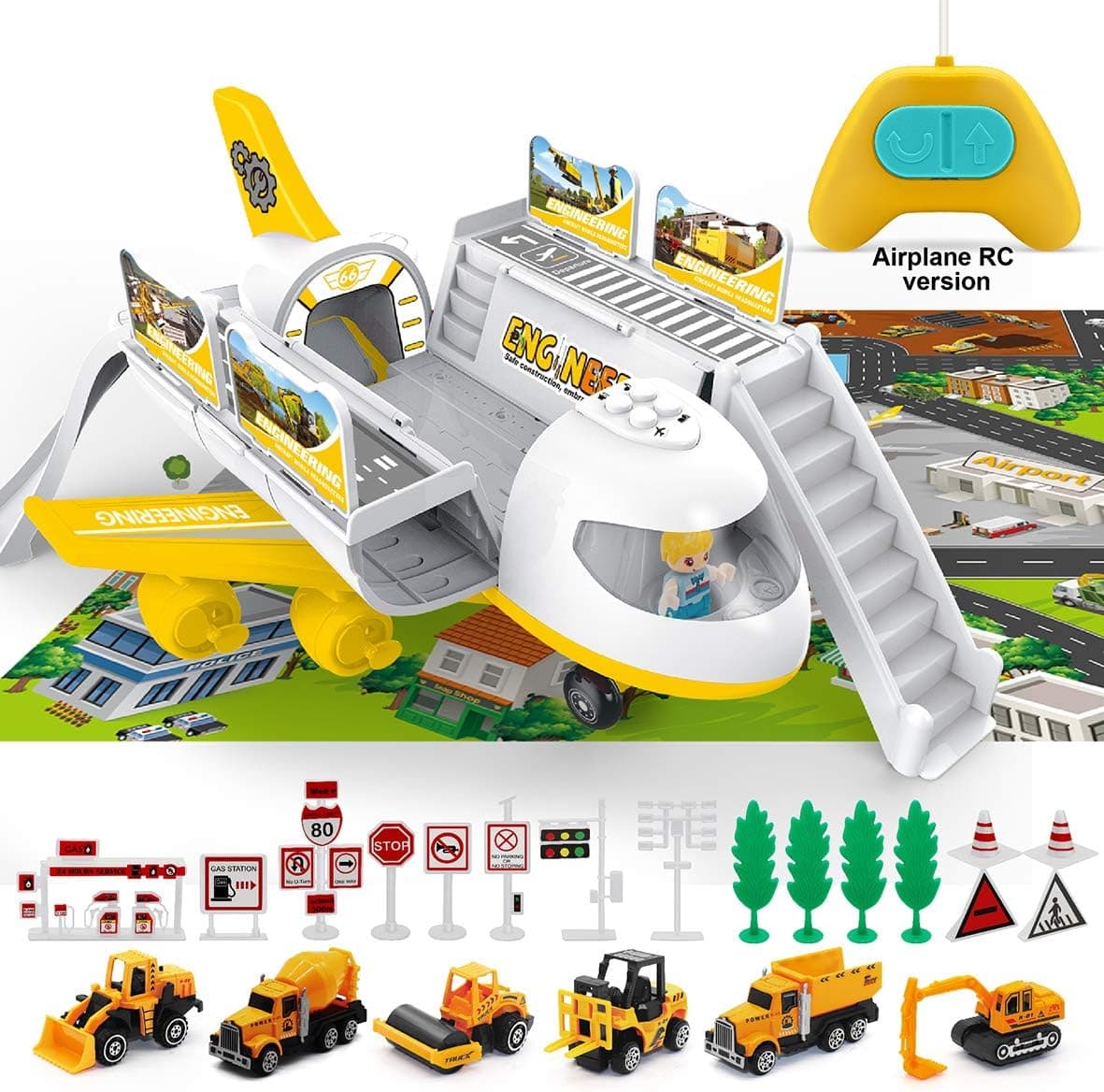 Car Set with Transport RC Airplane Toy for Kids, 6 Construction Die-cast Vehicle Set with Large Play Mat, Toy Airplanes for Boys, Girls, Toddler with RC, Lights and Music, Gift for 3 4 5 6 Years Old