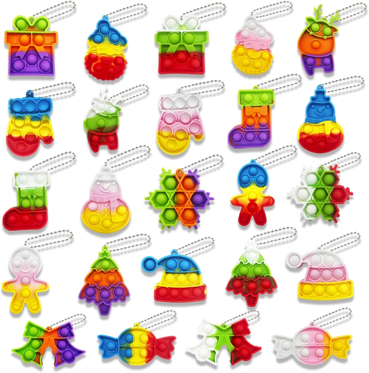 24 Pcs Christmas Mini Pop Fidget Toy, Keychain Bubble Popping Toy Packs, Simple Silicone Sensory Toys, Relieves Stress Toys for Kids Adults Party Favors Decoration Classroom Rewards