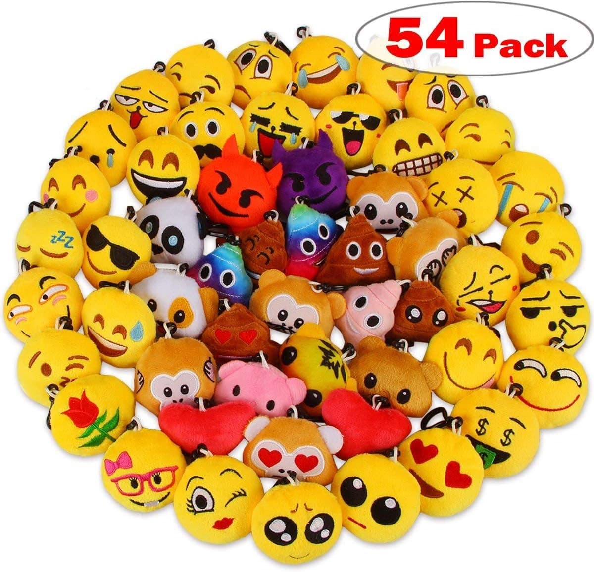 Aitey 54 Pack Emoji Keychain Mini Plush Pillows, Birthday Party Supplies, Party Favors for Kids, Backpack Clips Christmas Carnival Prizes