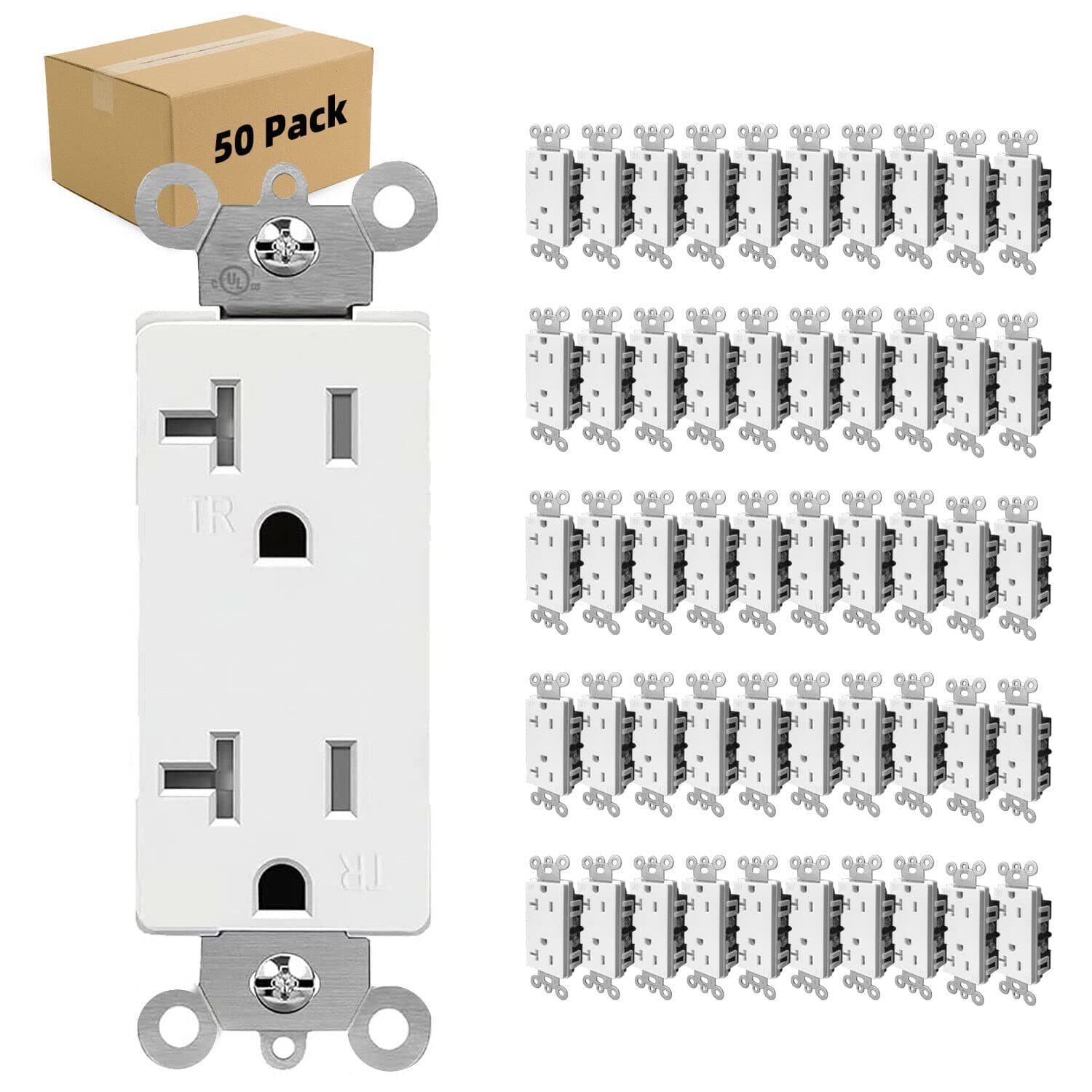 Outlet Socket, Decora Receptacle, 20 Amp, 125 Volt, Tamper Resistant, Grounding White UL Listed Micmi (20 A White 50Pack)