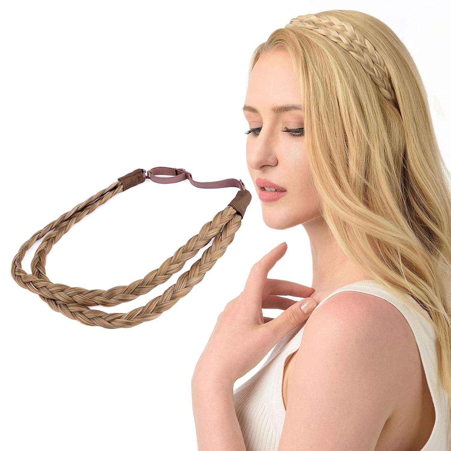 DIGUAN Double Three Strand Synthetic Hair Braided Headband Hairpiece Extension Women Girl Beauty accessory (Caramel Blonde)