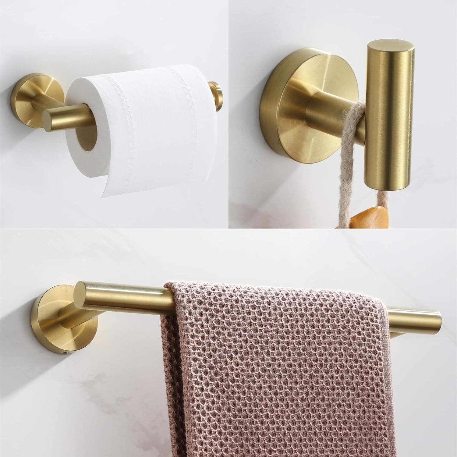 VELIMAX SUS304 Stainless Steel 3-Piece Bathroom Hardware Set Wall Mount Brushed Gold Towel Rack Set - Robe Hook, Toilet Paper Holder, 14 inches Towel Bar