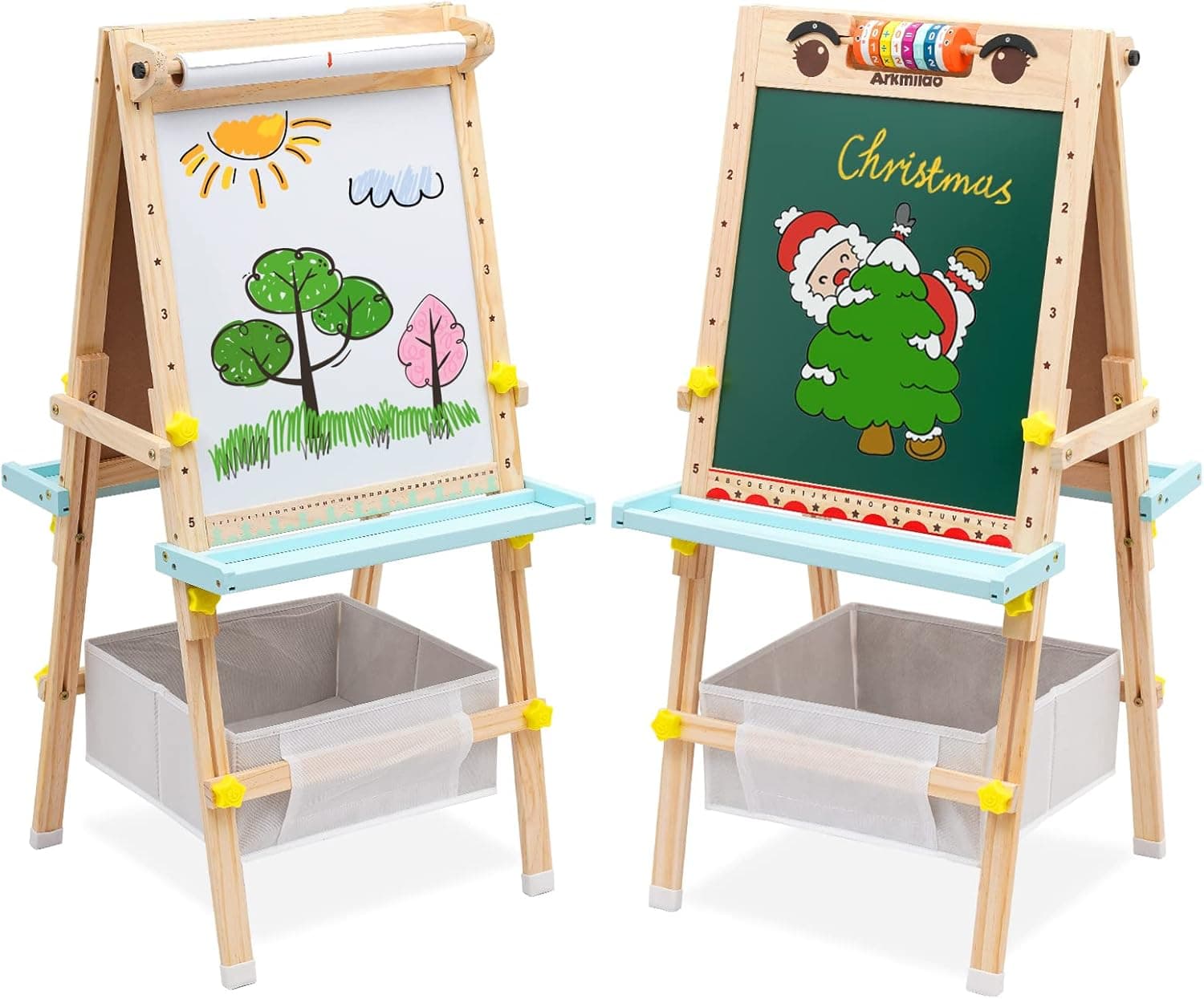 Kids Easel with Paper Roll Double-Sided Whiteboard & Chalkboard Standing Easel with Numbers and Other Accessories for Kids and Toddlers (with Abacus)