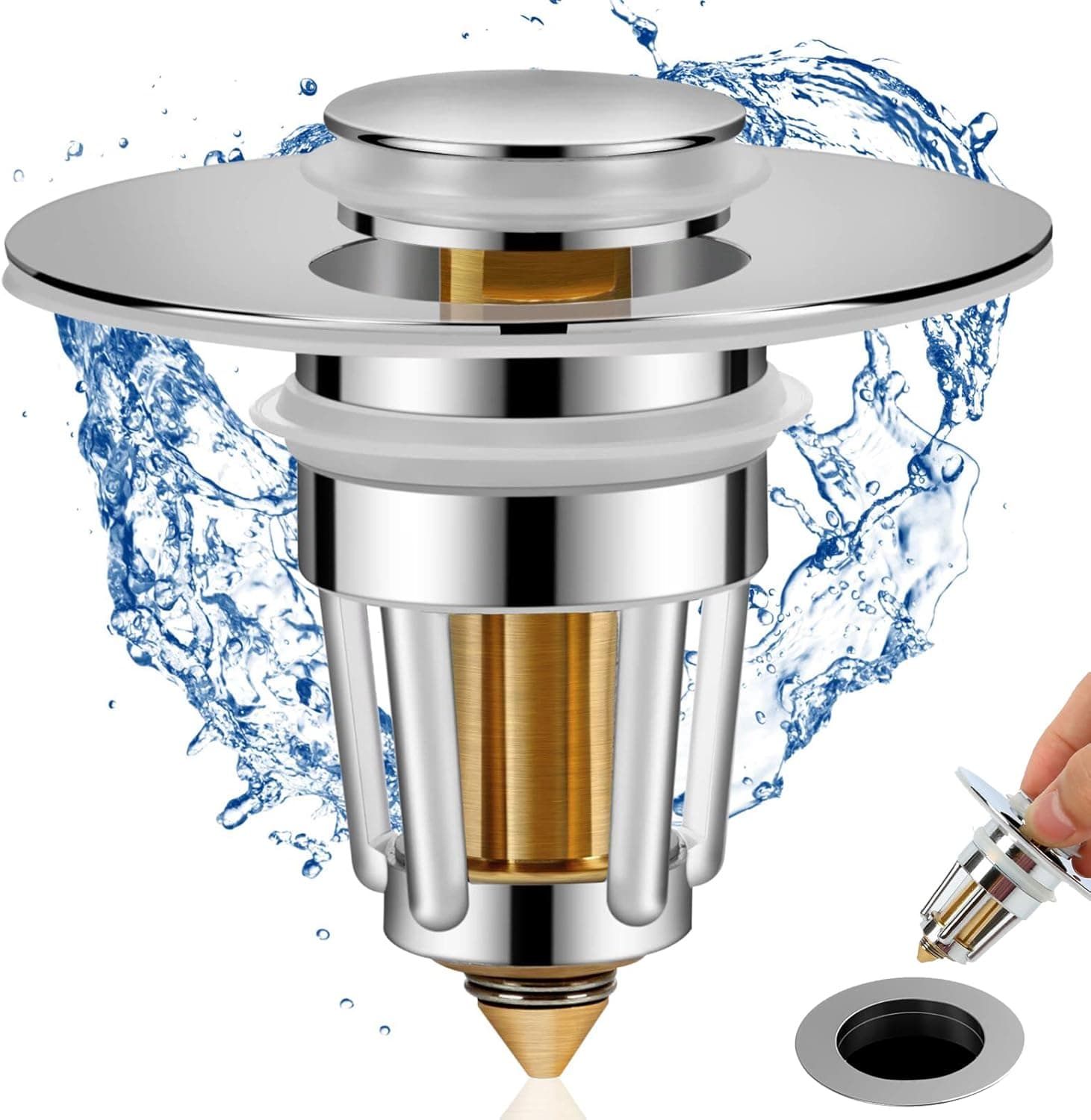 Universal Bathroom Sink Stopper, Aolloa 1.1-1.5in Basin Pop Up Sink Stopper Premium Brass Bullet Bathroom Sink Strainer, with Hair Catcher Anti Clogging Sink Drain Filter (Silver)